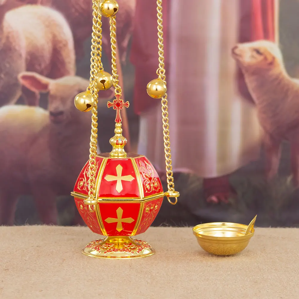 Premium Orthodox Suspended Incense Censer Gold Plated Bright Red Enamel Golden Cross Carving Bell Chain High End Church Chapel R