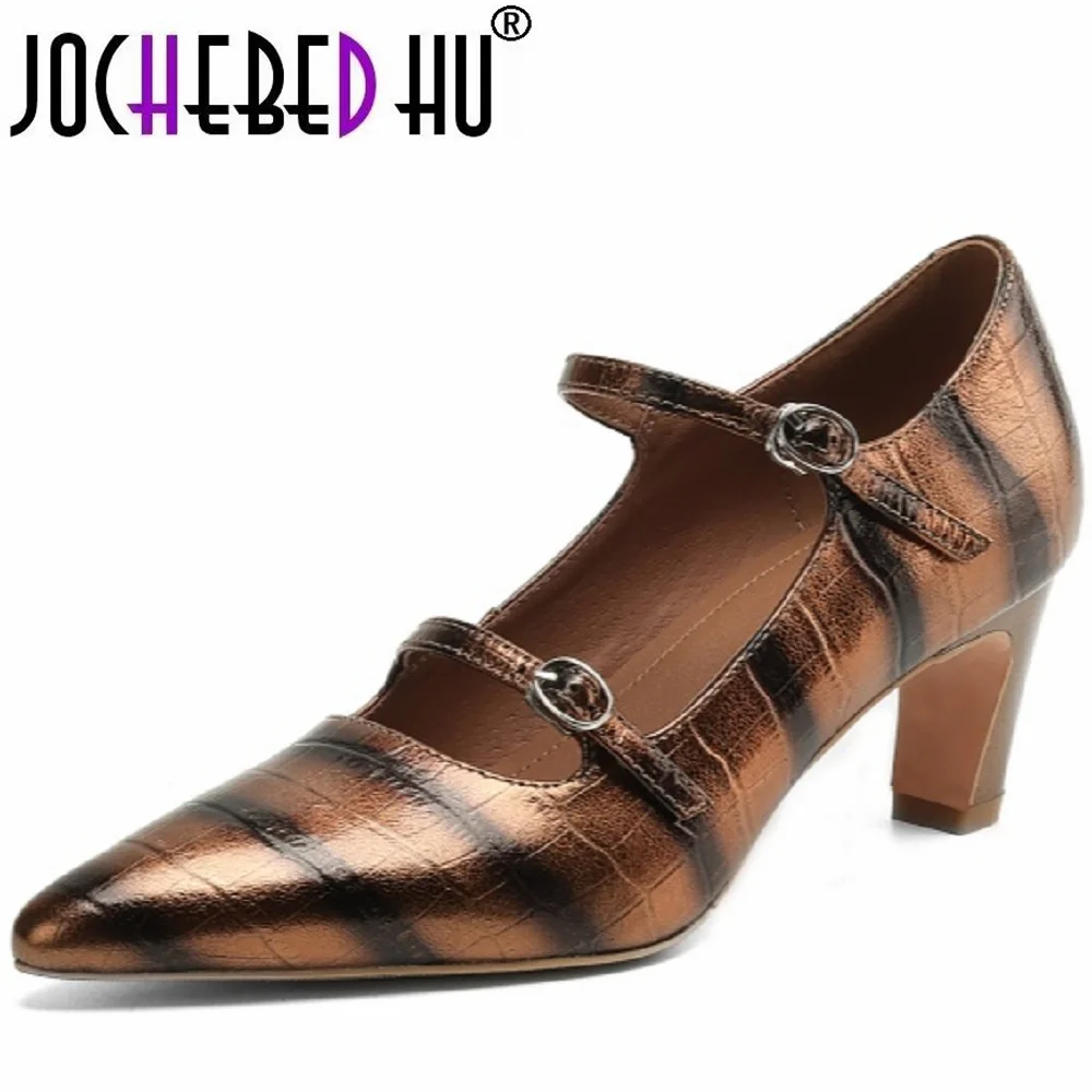 

【JOCHEBED HU】Новые женские туфли-лодочки в стиле ретро, туфли Мэри Джейн на высоком каблуке, женская повседневная женская обувь из натуральной кожи с острым носком