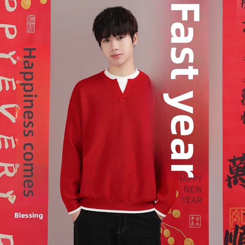 

Новый мужской вязаный свитер 2025 года для пар, зимняя одежда, красный трикотаж, молодежный утепленный свитер с длинным рукавом и круглым вырезом, теплый и комфортный