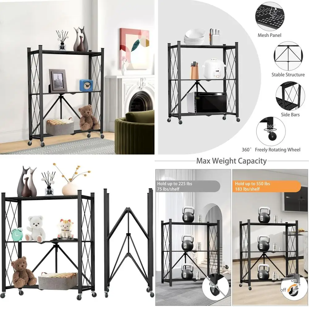 رف فولاذي قابل للطي من 3 طبقات على عجلات، سعة 550 رطلاً، رف تخزين عالي التحمل للمرآب والمطبخ والمخزن والمكتب، أسود