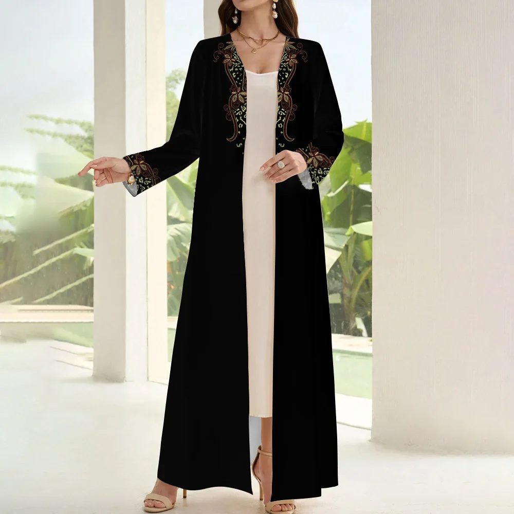 Demure Muslim Islamic Open Kimono Abaya Women Two Pieces Long Sleeve Arab Turkey Coat Abaya Dubai Luxury Print Marocain Cardigan