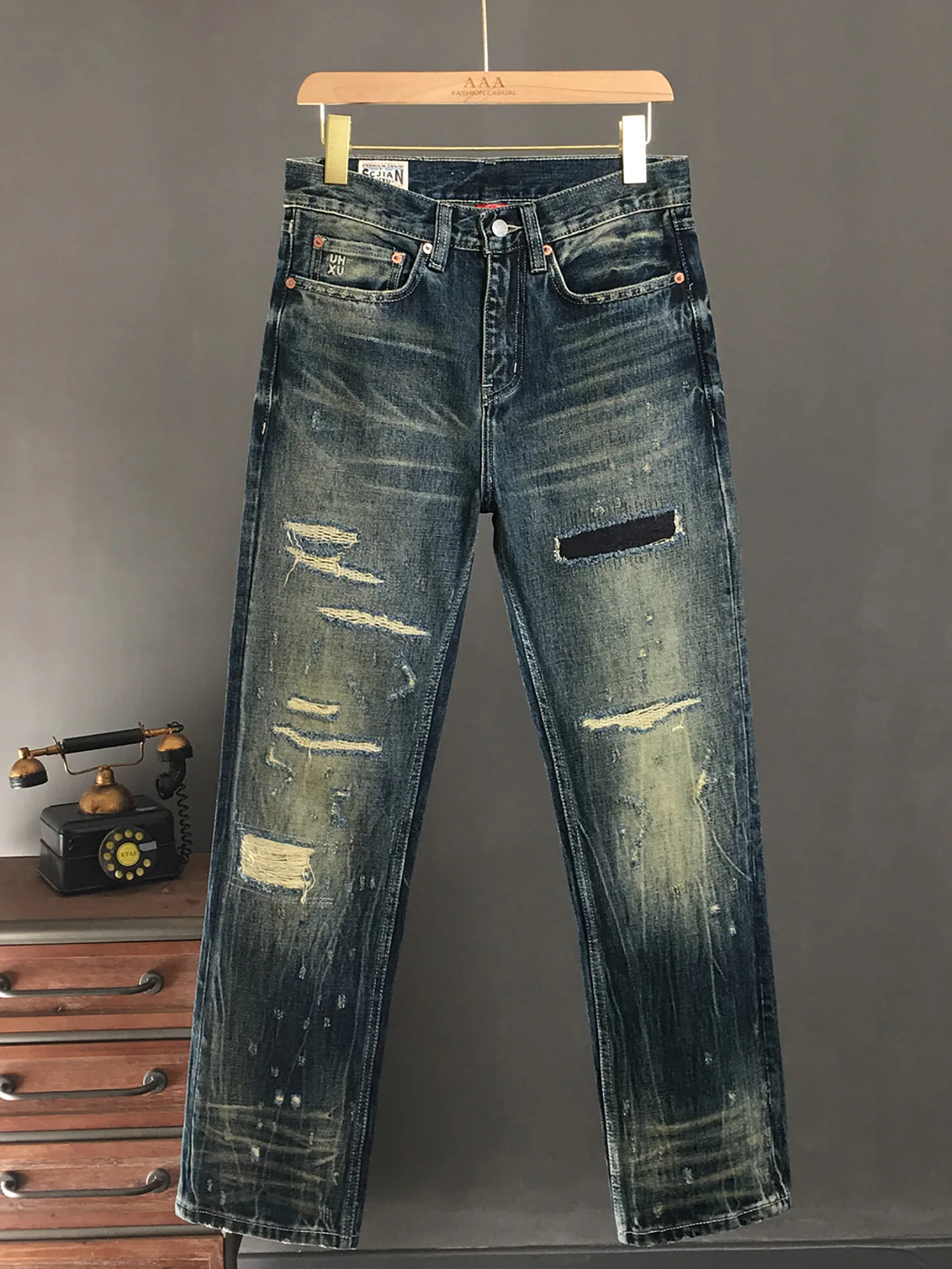 Pantalones vaqueros rasgados de alta calidad para hombre, pantalones holgados y rectos con parche Vintage americano, pantalones de calle desgastados lavados de algodón 100%