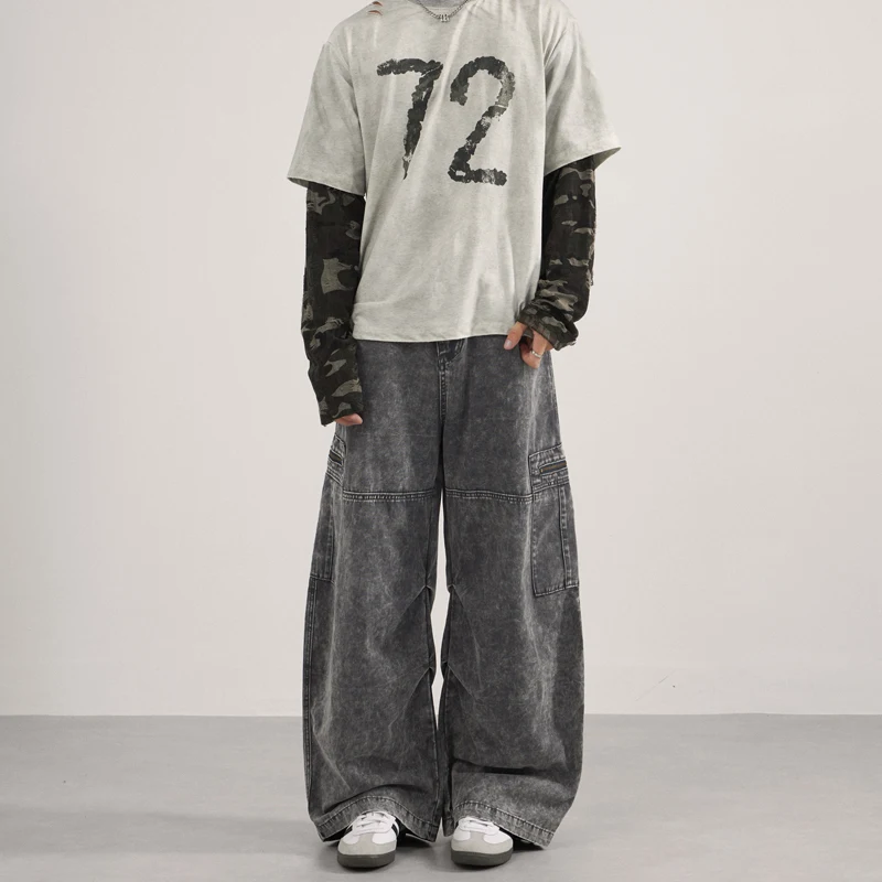 Niche Deisgn Men's Casual Pants Tie Dye Contrast Color Pleated Design Zipper Patchwork Wide Leg Curved Knife Bottom
