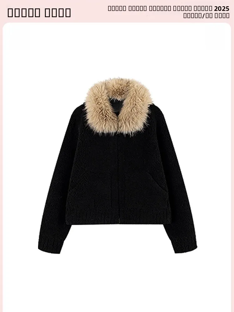 

Корейское короткое женское зимнее пальто с воротником из овечьего меха, свободный крой, теплое, модное, новинка 2025 года, премиум-класс