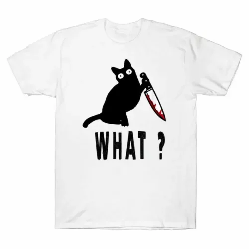 T-Shirt Lovers Cat What? Black With Knife  Murderous Men's Gift Tee  FunnyAnime Graphic T-shirts for Men Clothing Women Te