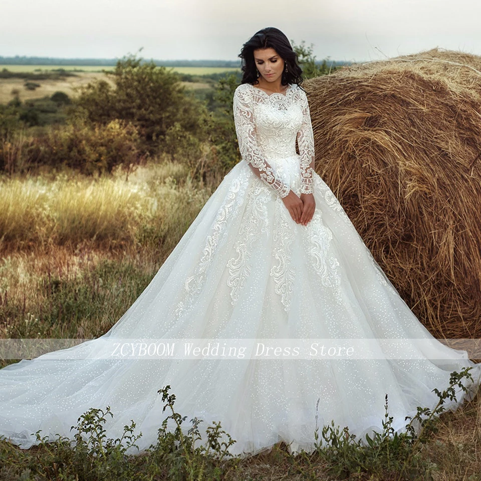 Vestido de novia personalizado con apliques y cuello redondo, corte en A, largo hasta el suelo, cola de barrido, mangas largas, con cordones, hecho a medida, 2024