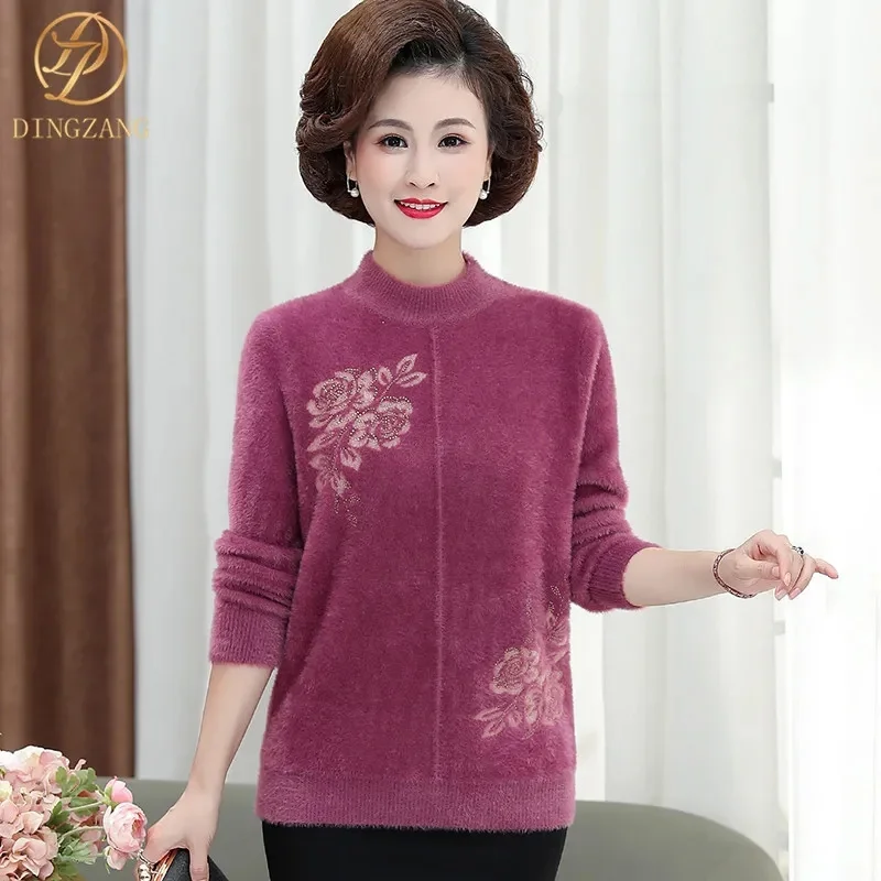 Women\'s Mink Cashmere Knit Sweater Spring Fall Casual Knitwear Pullovers Korean Fashion Mom Pull Loose Elegant Tops