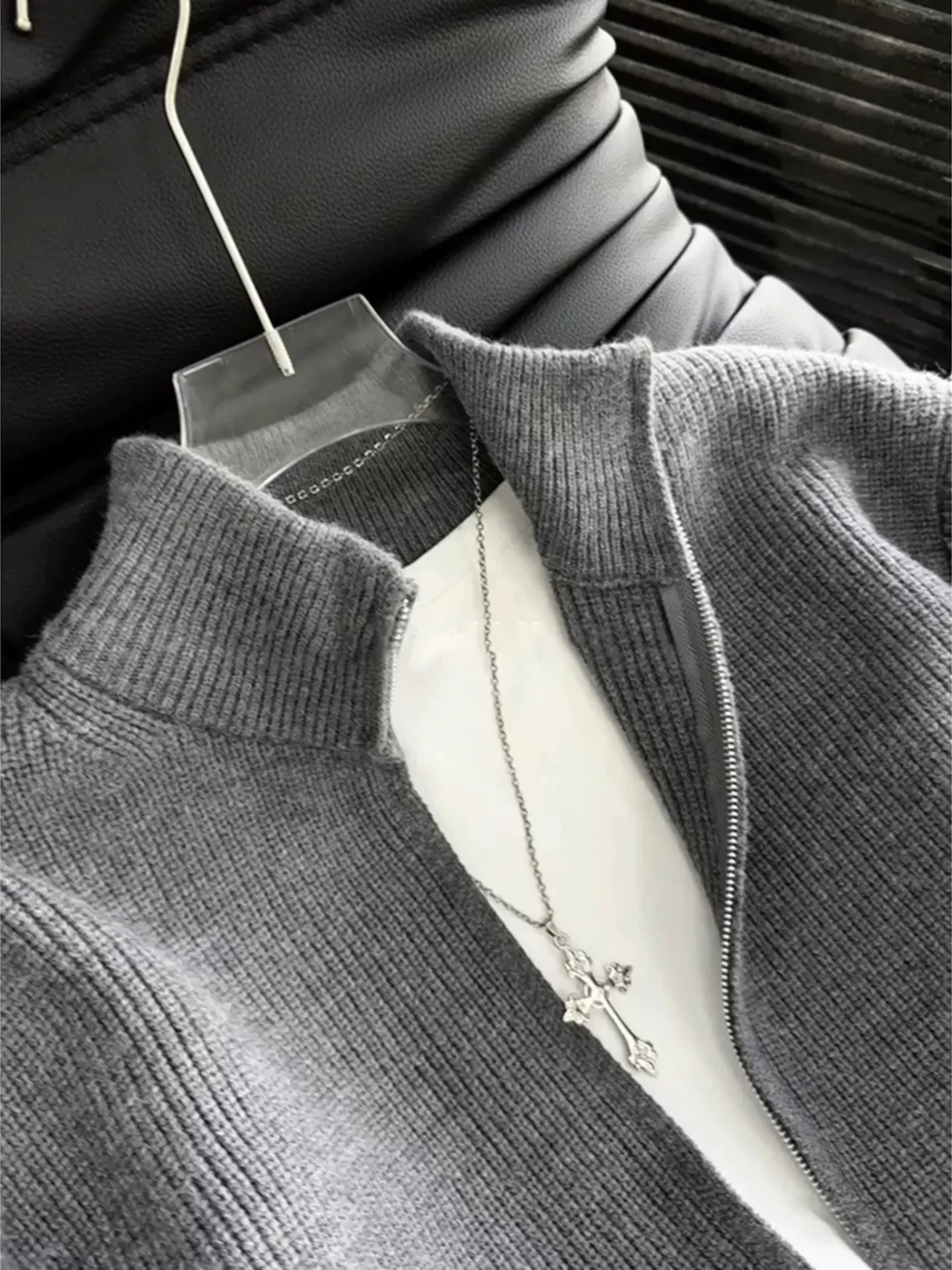 Gray Zipper Knitted Jacket Men's Spring Autumn Casual Loose Fit Simple Design Stand Collar Sweater Coat Outerwear