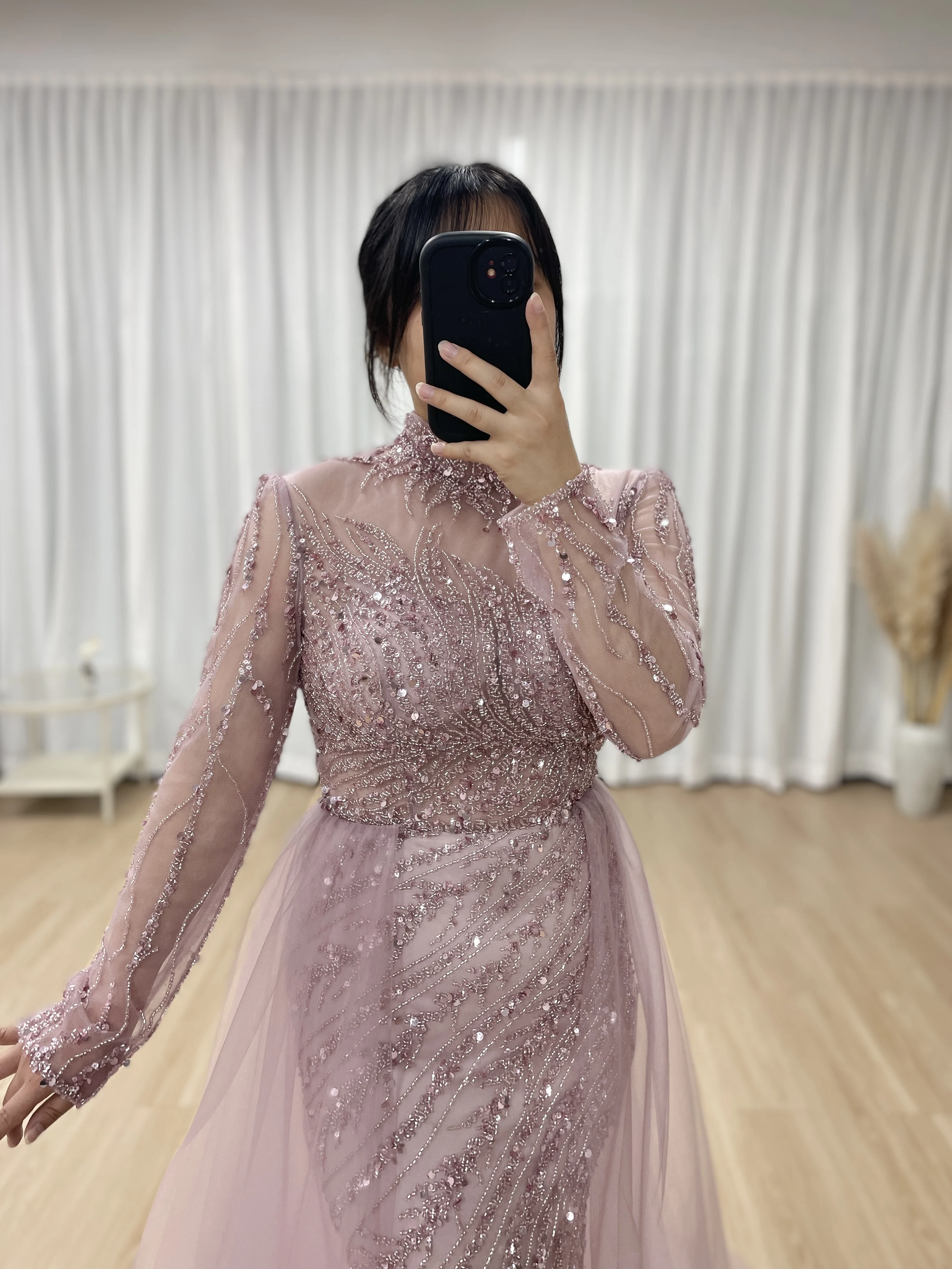 MYMB Long Sleeve Champagne Evening Gown With Sparkly Crystal Sequins for Women Wedding Party Eelegance Dress Custom MB40064-2