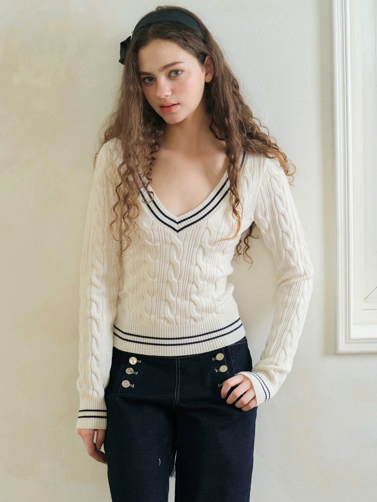 

Slim Fit V-Neck Knitted Sweater Women's Long Sleeve Cable Knit Retro Style Fashionable plus Size Casual Wear Daily Look