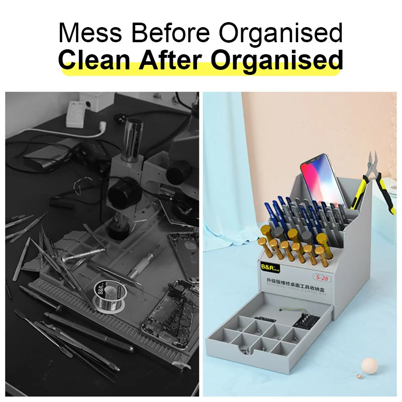 B&R S-28 Multi-Function Repair Desktop Organizer Storage Box Phone Maintenance Component Box Tweezers Screwdriver Holder Tool