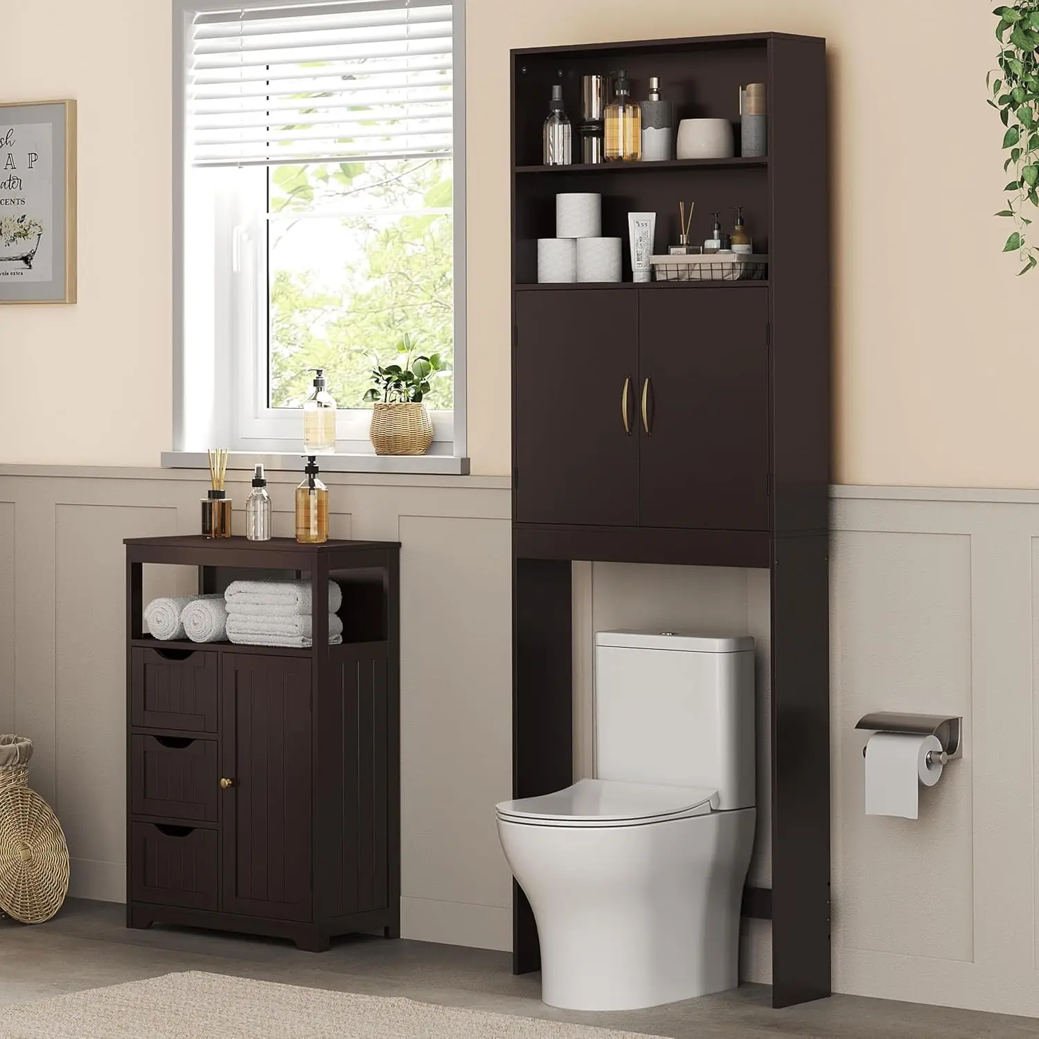 

Over Toilet Bathroom Storage Cabinet Adjustable Shelf Double Door 77in H Espresso, Customized