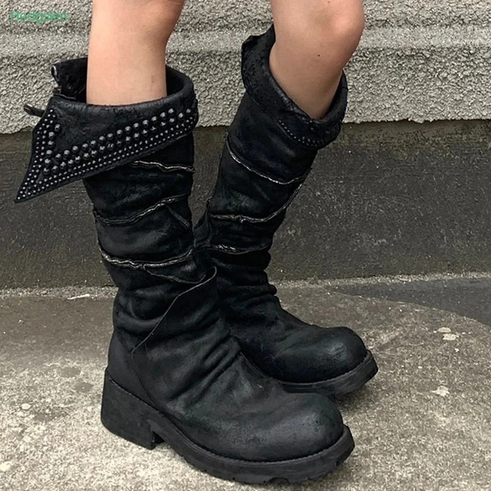 

Round Toe Denim Chunky Heel Boots Back Zipper Knee High Women Boots Autumn/winter Frosted New Arrivals Turned-over Edge Boots