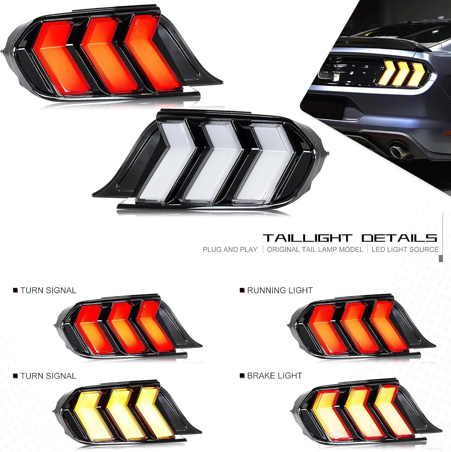 LED Tail Lights for Ford Mustang 2015-2023 Facelift Sequential Rear Lamps 6 Modes Red/Amber Signal Start-up Animation Kit Assemb