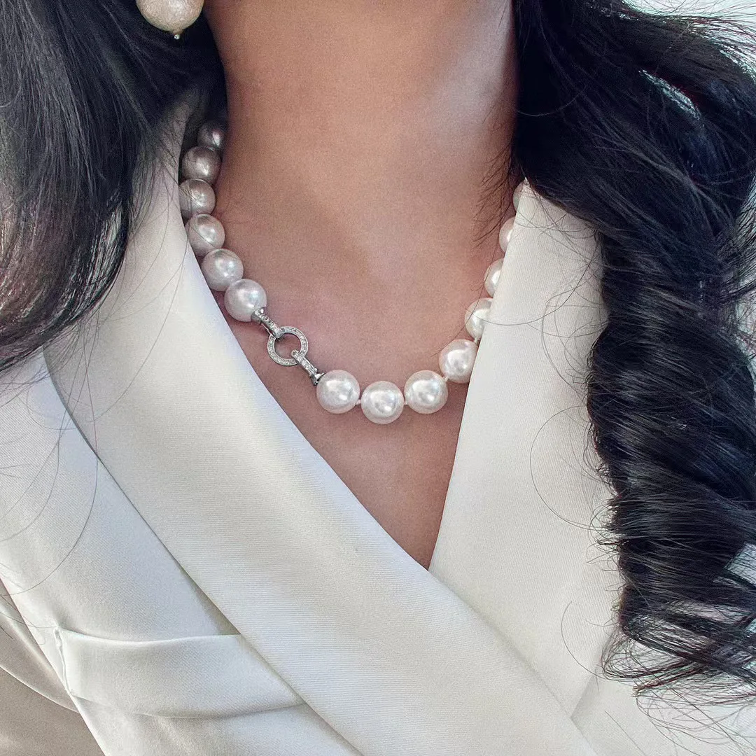 14mm French Autumn and Winter Retro Natural Pearl Shell Imitation Australian White Large Particle Pearl Necklace Collarbone