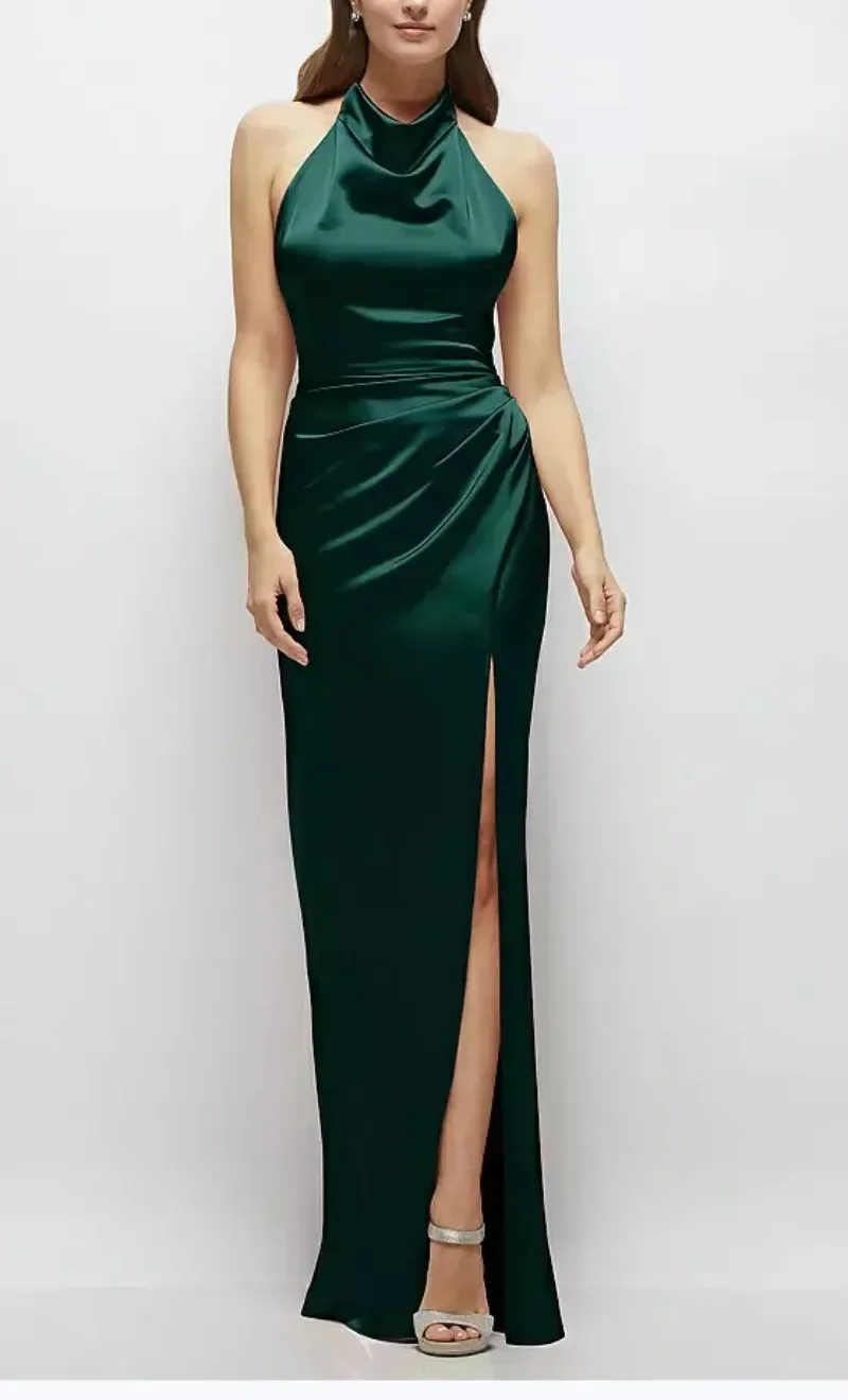 

Temperament Halter Solid Silk Evening Long Dress for Women 2024 Elegant Slim Fit Party Gowns with Slit Classic Vestidos Noche