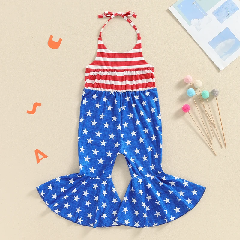 

Women s Patriotic American Flag Print Sleeveless Halter Neck Jumpsuit with Flared Bell-Bottoms and Backless Design