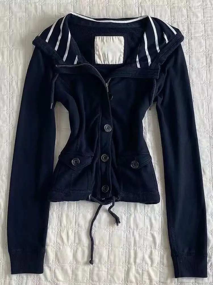 

Пальто Y2k, женская одежда, винтажная уличная одежда 90-х годов, тонкое синее пальто с капюшоном в стиле хип-хоп, корейское пальто на пуговицах, модная куртка в стиле Харадзюку, топы