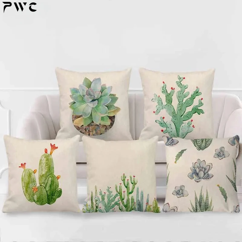 Succulents Painted Cushion Cover Home Decor Cactus Pillowcase for Car Modern Sofa Pillowcase Linen Cushion Cover for Living Room