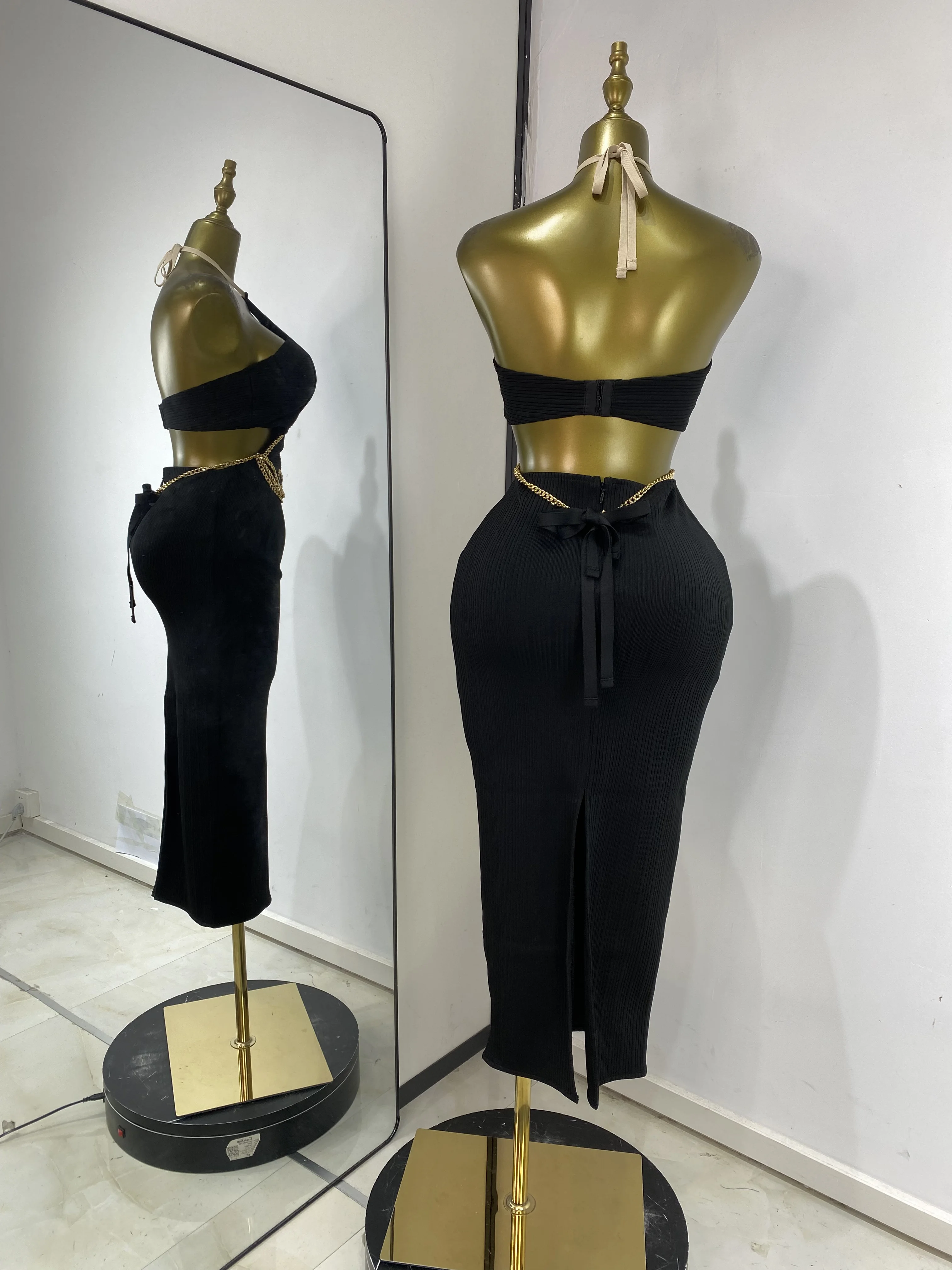 Feminino novo preto kib bandage vestido halter bustier corte corrente de ouro longo elástico malha celebridade noite clube vestidos de festa