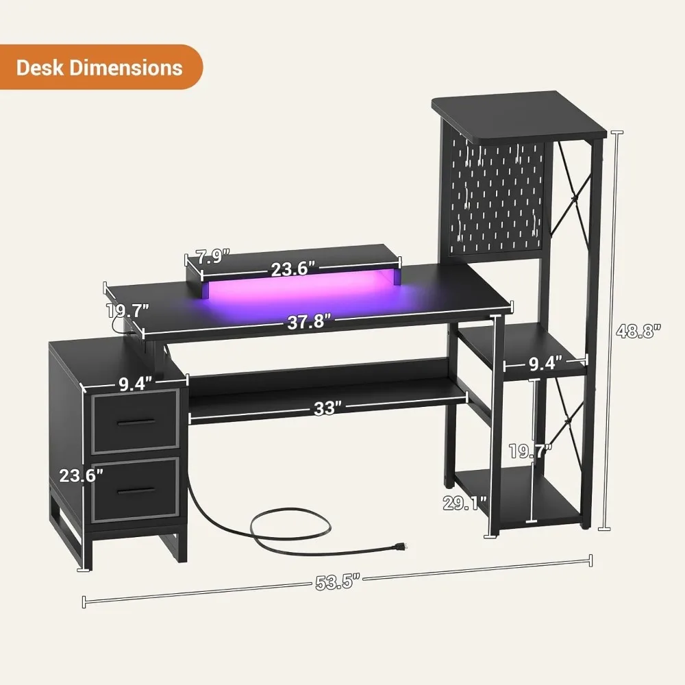 53" Reversible Computer Desk with Power Outlet & LED Lights, Writing Desk with Monitor Stand & Storage Shelves, Black
