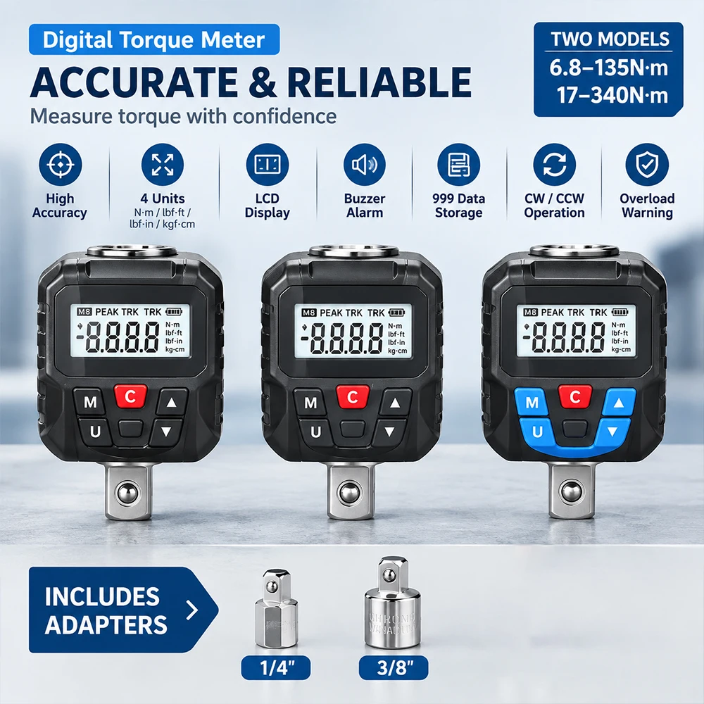 LCD Display Digital Torque Wrench Adapter Electronic Torque Meter Peak Tester 6-135N·m/17-340N.m Torque Measurement Tool