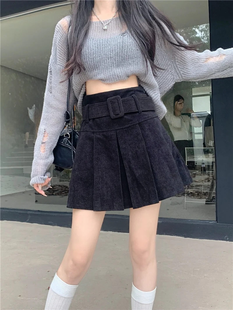 تنورة نسائية شتوية من القطيفة مقاس كبير، تنورة عالية الخصر على شكل حرف A، فستان قصير متعدد الاستخدامات بأسلوب مكتبي، تنورة مط...