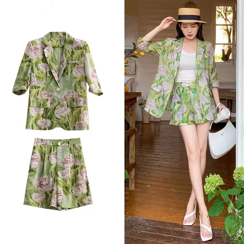 New 2024 Summer Gorgeour Flower Short Two Piece Set Fashion Women Notched One Button Green Print Thin Blazer Coat + Shorts Suits