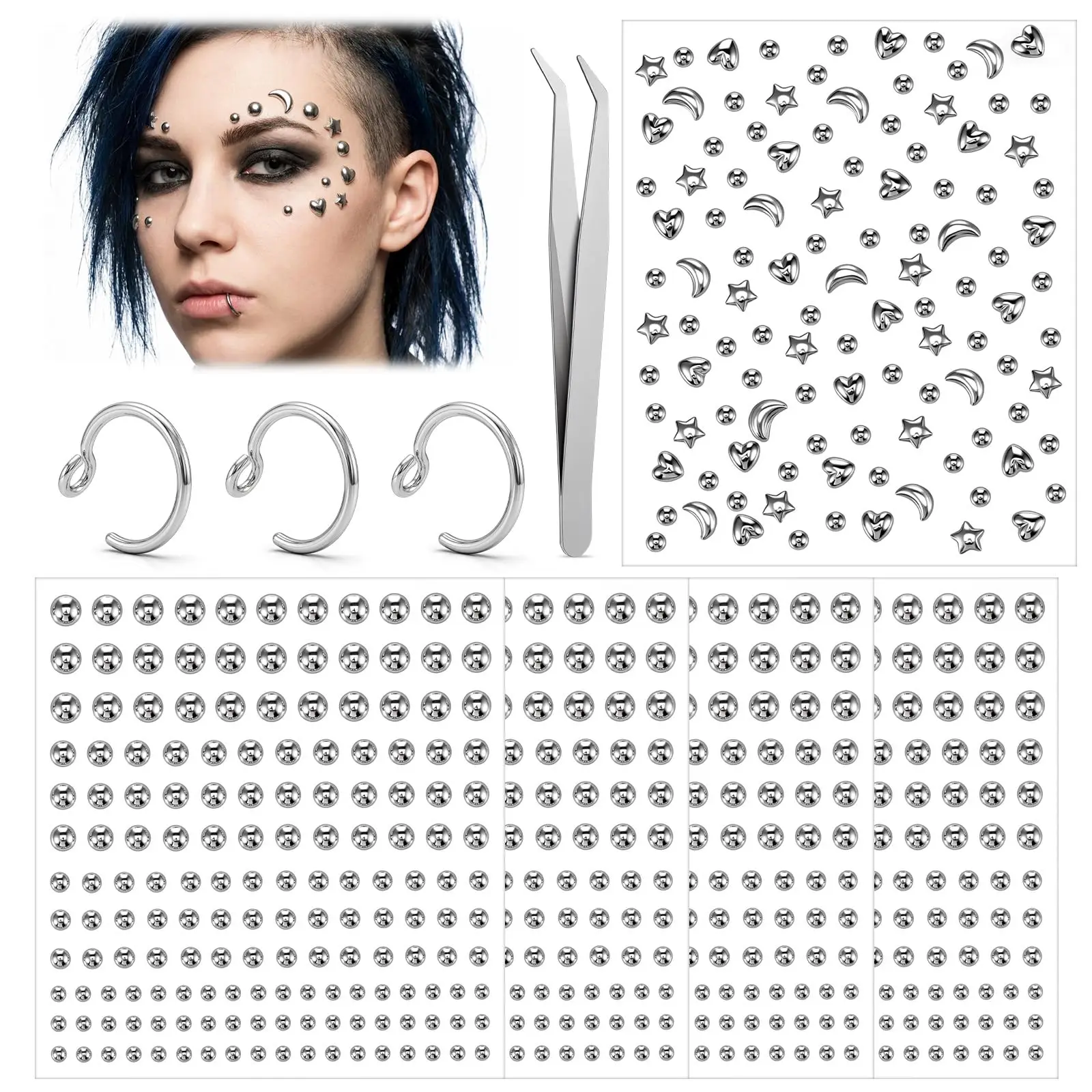 5 Sheets Self Adhesive Star Moon Heart Fake Piercing Face Gem Stickers Set Non-Piercing Nose Cuffs with Tweezers