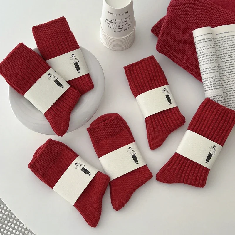 Chaussettes rouges à rayures en coton pour femmes, 5 paires par Lot, respirantes, pour noël et nouvel an, à la mode, décontractées, chaudes pour l'hiver