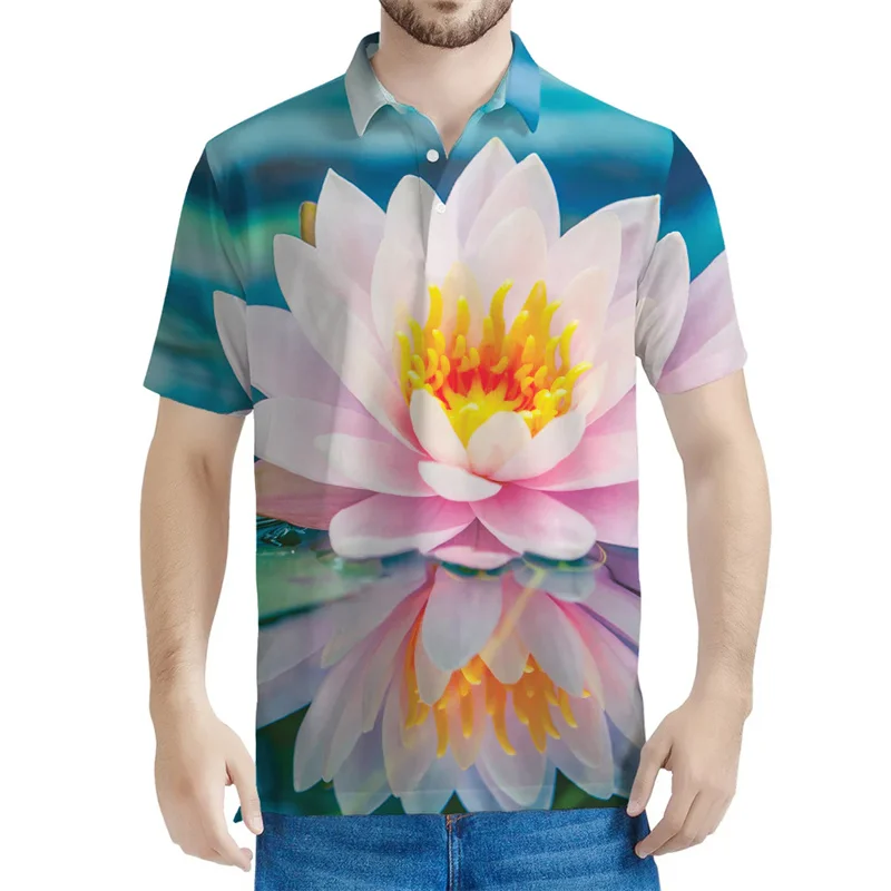 Lily Floral Pattern Polo Shirts For Men 3D Printed Lotus Flower Tee Shirt Casual Button T-Shirt Summer Lapel Short Sleeves