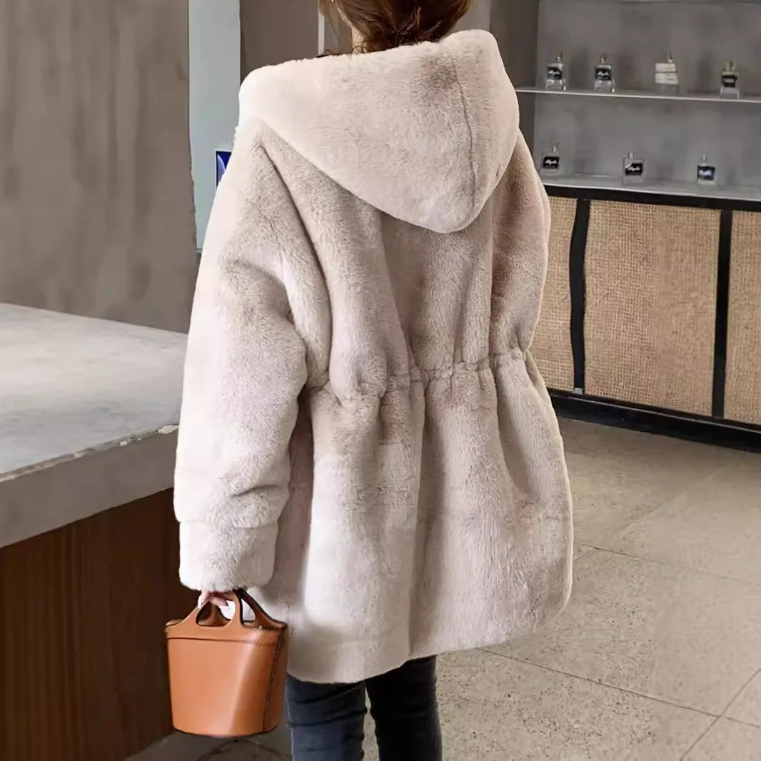 Women Faux Rabbit Fur Coats Furry Outerwear Long Overcoat Hooded Long Sleeve Open Stitch Thick Jackets Y2k 2025 Autumn Winter