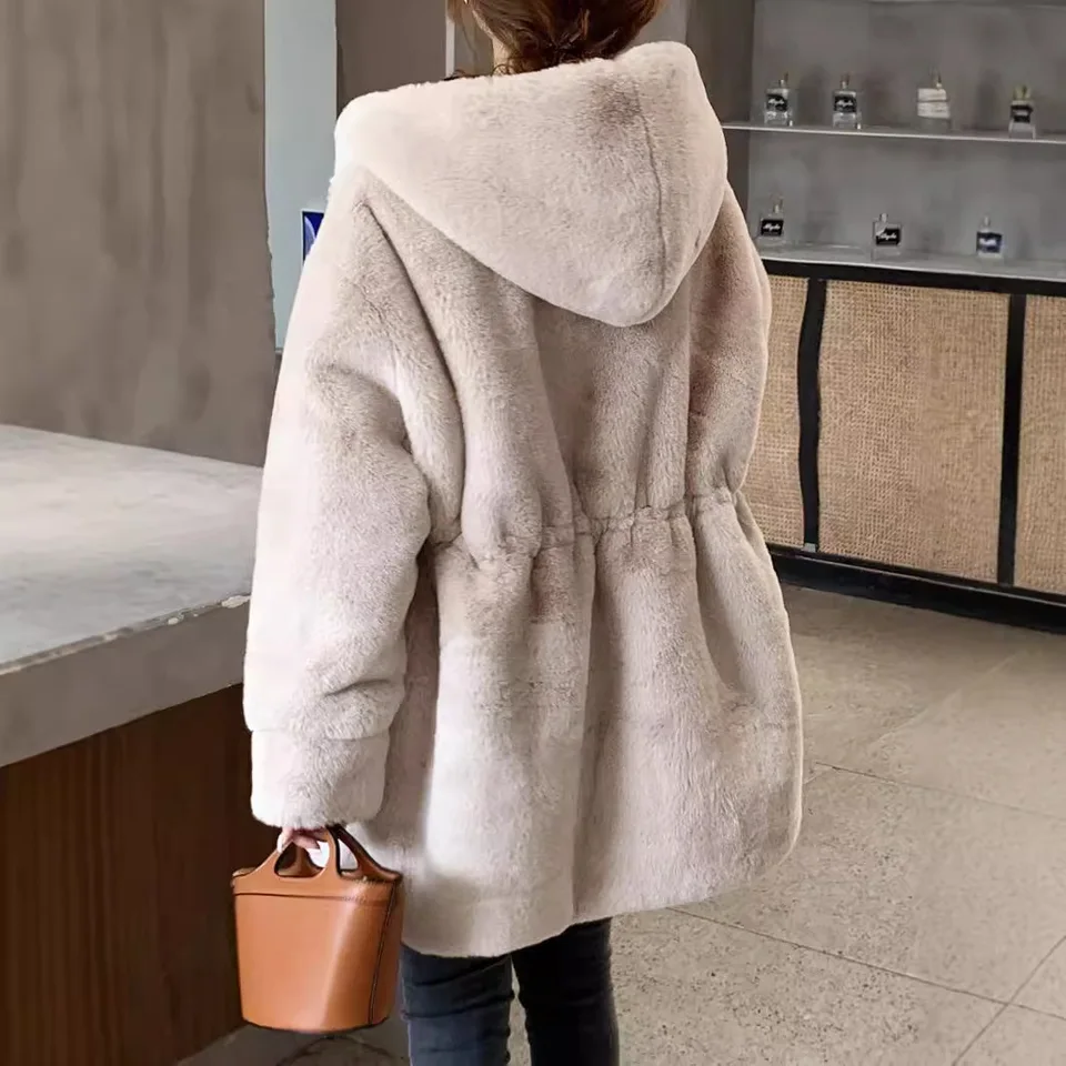 Women Faux Rabbit Fur Coats Furry Outerwear Long Overcoat Hooded