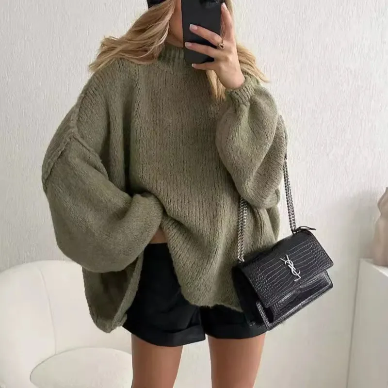 

Women Knit Sweaters Full Sleeve Half High Collar Pullover Jumpers Loose Casual Solid Sweater Thick Splice Lady Winter 2025