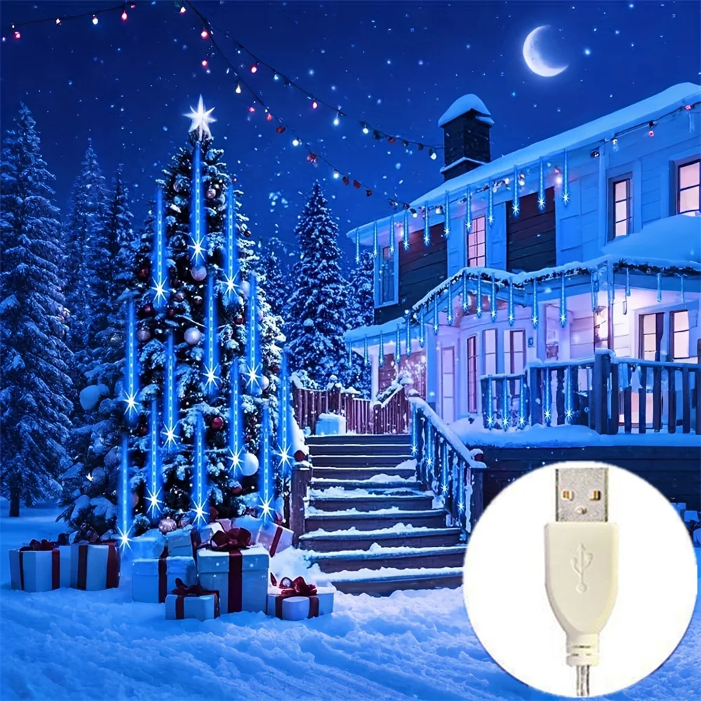 

Уличный садовый светильник для дерева, светодиодные фонари для праздничного рождественского украшения, USB-светильник с метеоритным дождем, светодиодный светильник 30/50 см, 8 трубок, сказочная гирлянда