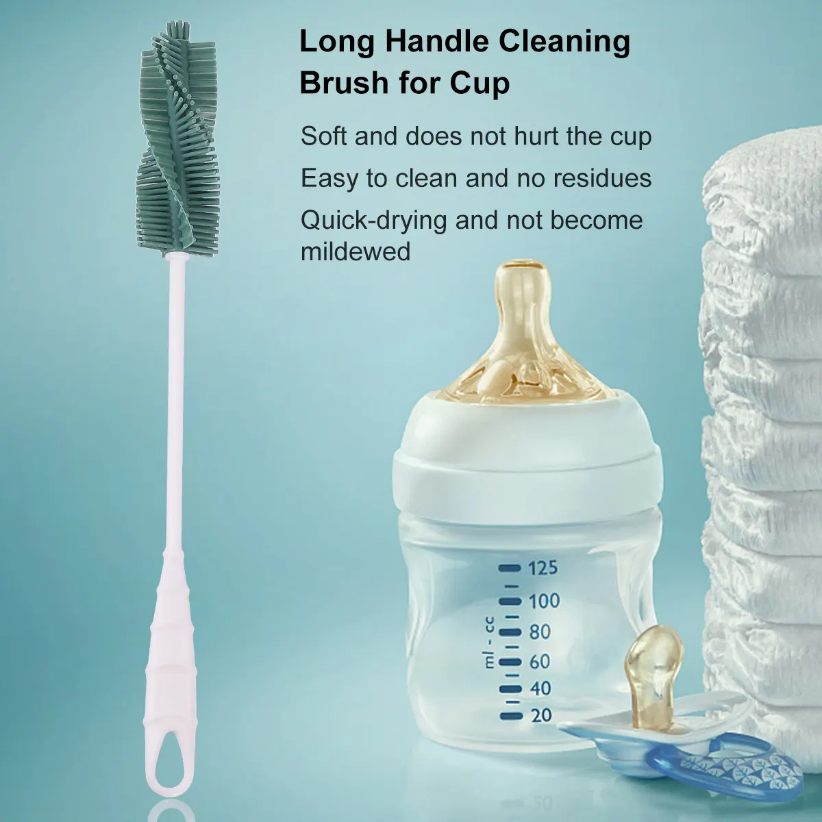 

Silicone Bottle Brush with Extra Long Handle Designed for Hard to Reach Corners Bottoms of Bottles Cups Glassware Cleaning Tool