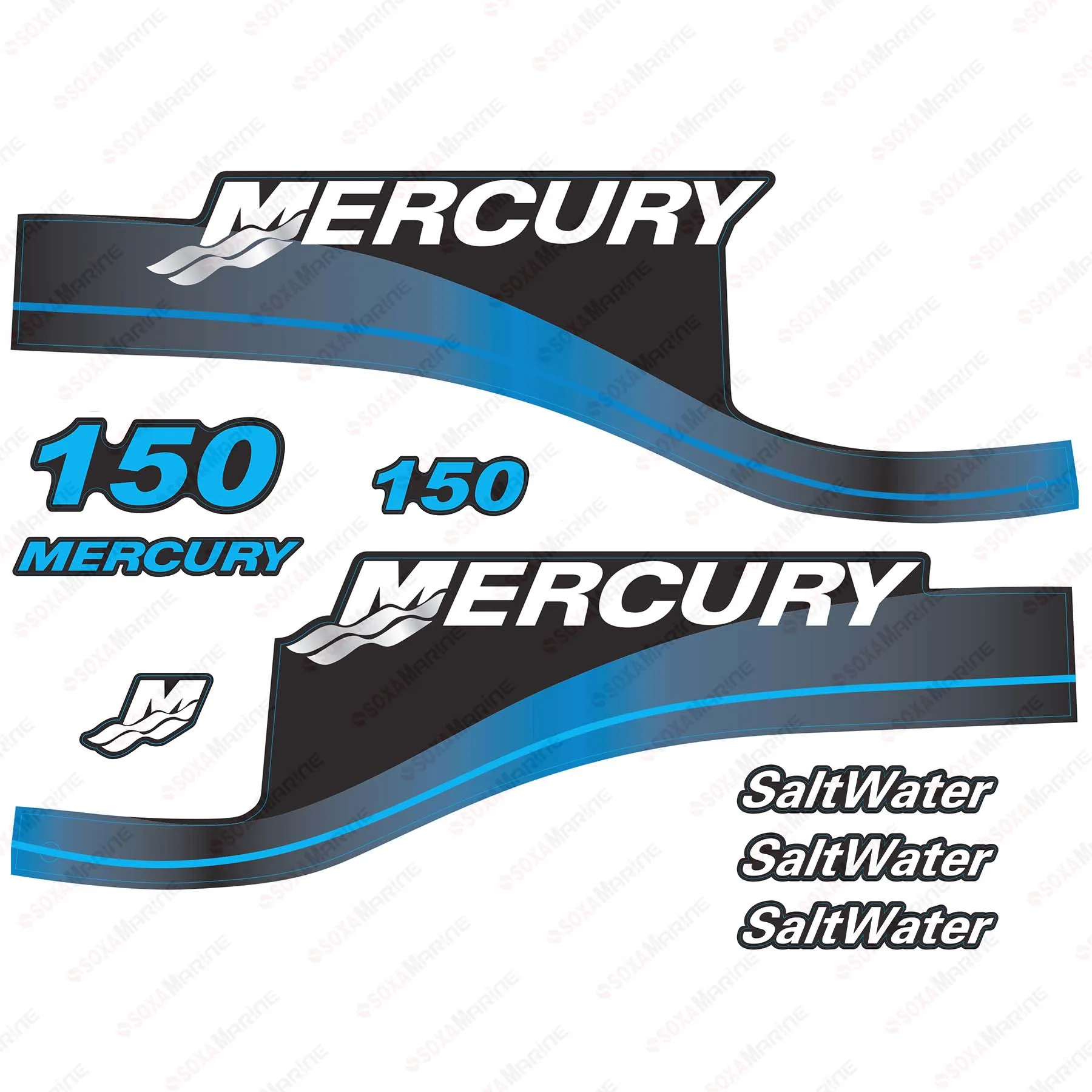 Blue Decal Kit Sticker Set for Mercury 150 HP SaltWater Outboard Engine Reproduction 150hp SaltWater