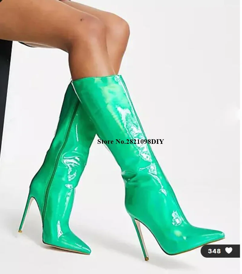 Bright Green Metallic Slim Stiletto Heeled Knee High Boots Women Pointed Toe Thin High Heel Long Boot