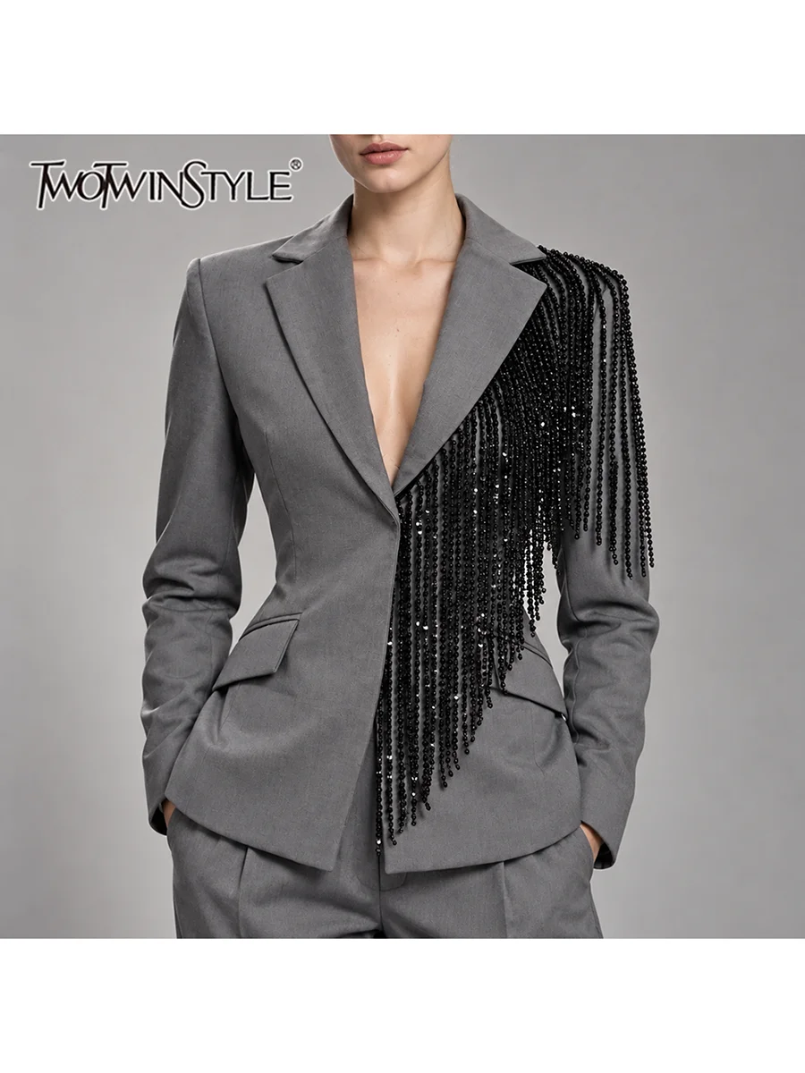 TWOTWINSTYLE Sequin Spliced Fringed Slimming Blazer for Women Lapel Collar Long Sleeve Patchwork Button Pocketed Jackets Female