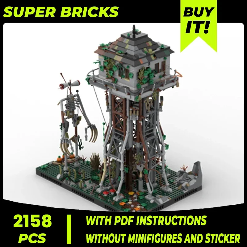 Moc Building Blocks Modular Street View Abandoned Watchtower Technical Bricks DIY Assembly Construction Toys For Kids Holiday