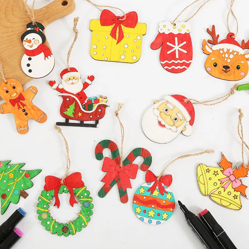 Wooden Ornaments Craft Predrilled WoodSlice Christmas Tree Hanging Embellishments Decoration DIY Souvenir Gift for Kids