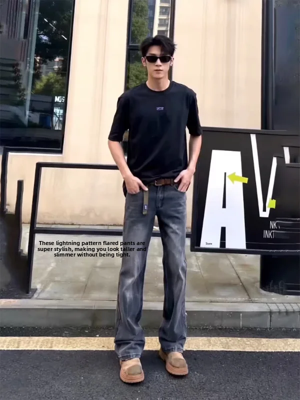 

Bla Lightning Pattern Flared Jeans Men's Spring American Sle Leg Lengthening Straight Leg Narrow Version Lifted Waist Sli...