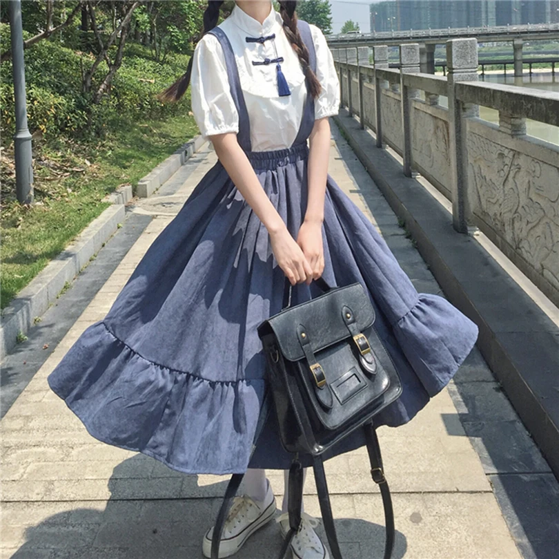 School Girls Suspender Skirt Japanese Lolita Cosplay Kawaii A-line Pleated Skirt Korean Style Vintage Ruffle Black Skirt