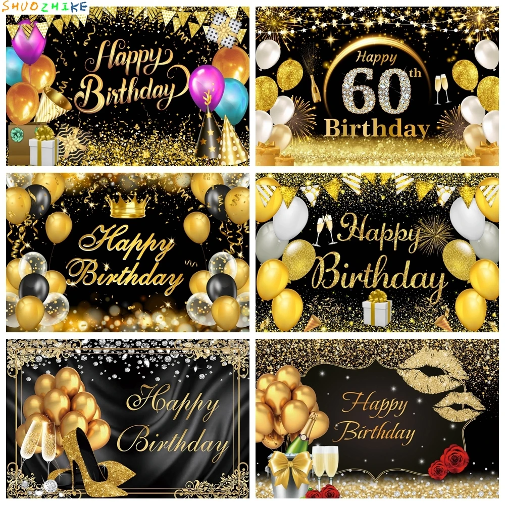 

Happy Birthday Backdrop Balloons Glitter Spots Sequins Beer High Heels Girl Boy Adult Party Photography Background Decor Banner