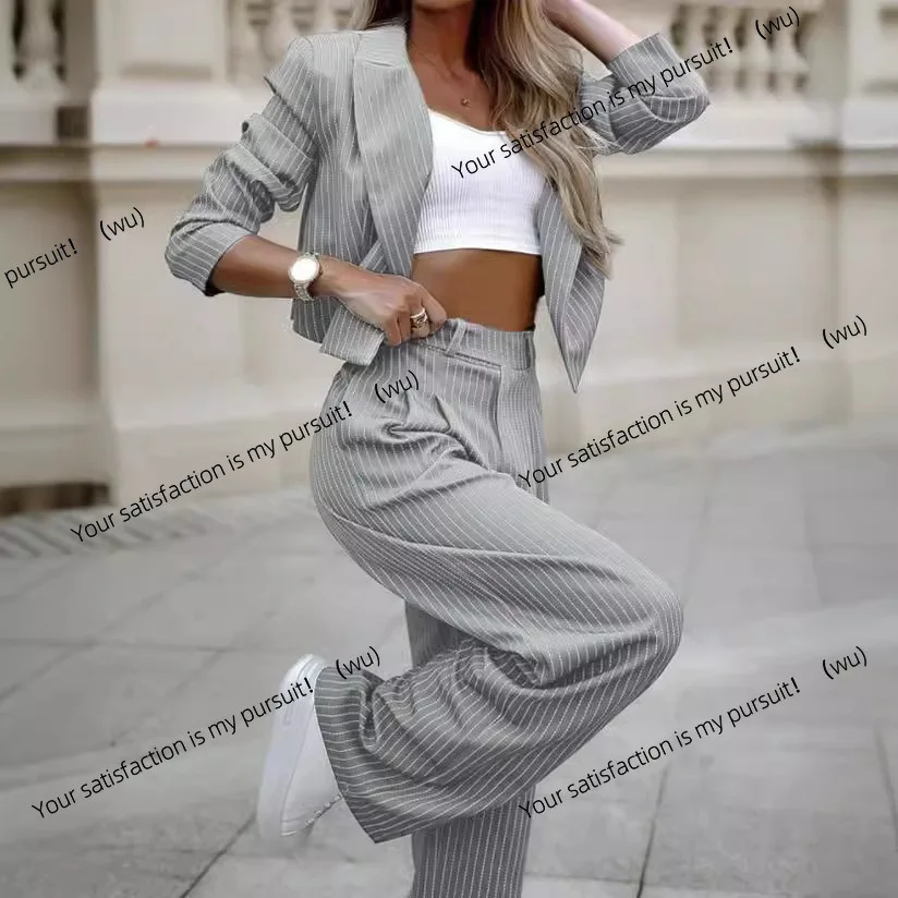 

Women's temperament casual striped short lapel suit straight pants suit