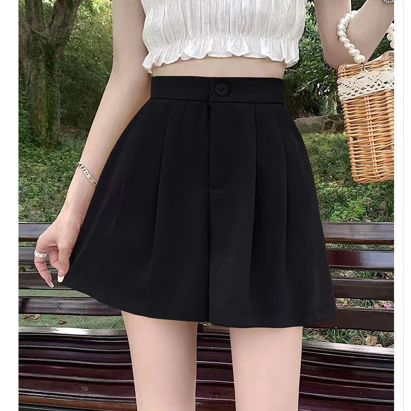 2023 Women Summer Harajuku Pleated Streetwear Elegant High Waist Suit Shorts Korean Solid Wide Leg Short Pants Pantalones Cortos