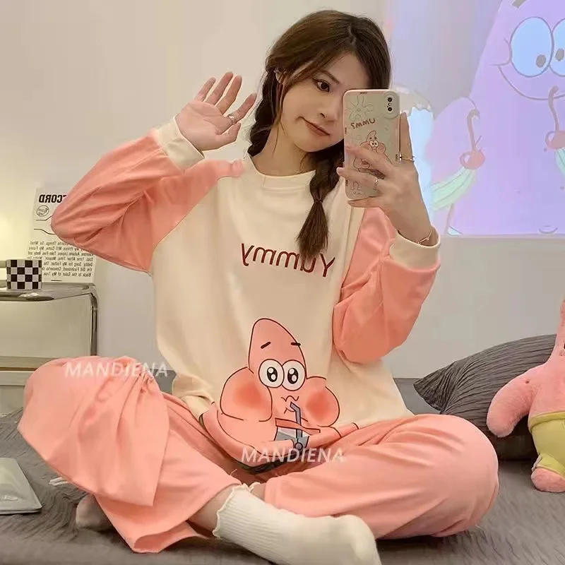 2-piece Set SpongeBob Patrick Star Sleepwear Women Pajamas Long Sleeved Trousers Cartoon Anime Autumn Cute Round Neck Homewear