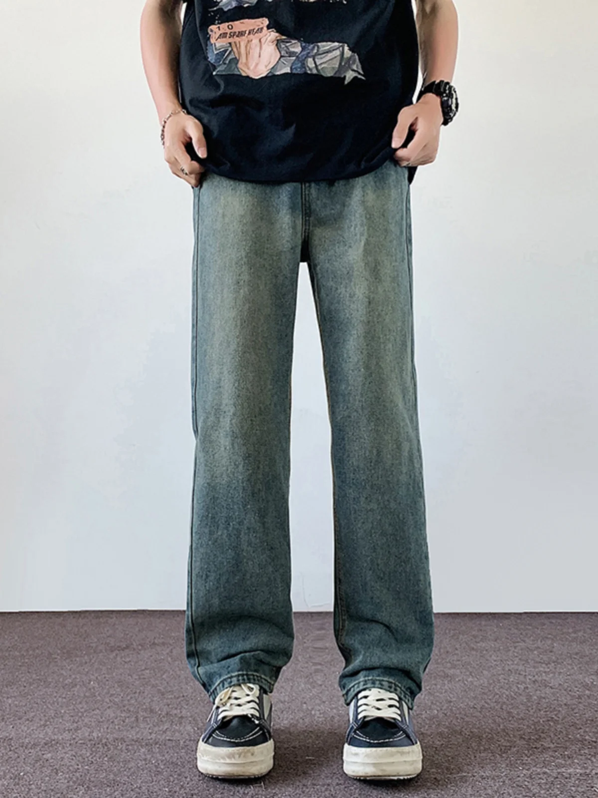 

Свободные широкие мужские джинсы в стиле ретро, летние модные брендовые повседневные прямые длинные брюки, удобные универсальные брюки в американском стиле