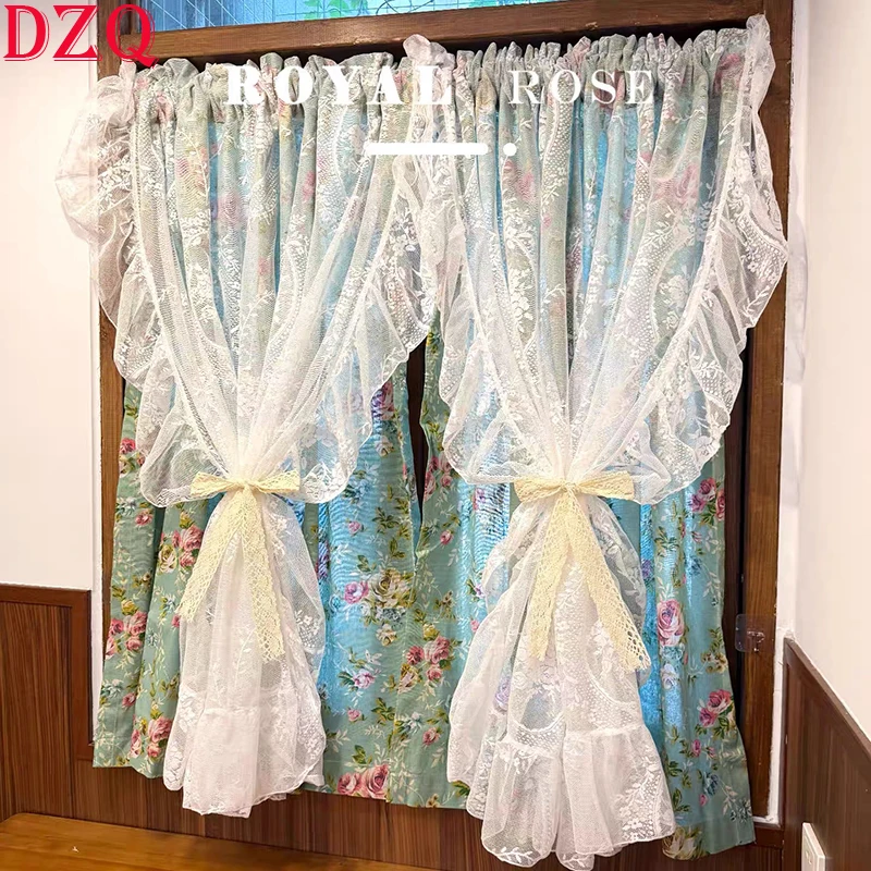 

Double Layered Idyllic French Romantic Flowers Curtains Cloth For Living Room Lace Warp Ruffled Tulle Curtains for Kitchen #A671