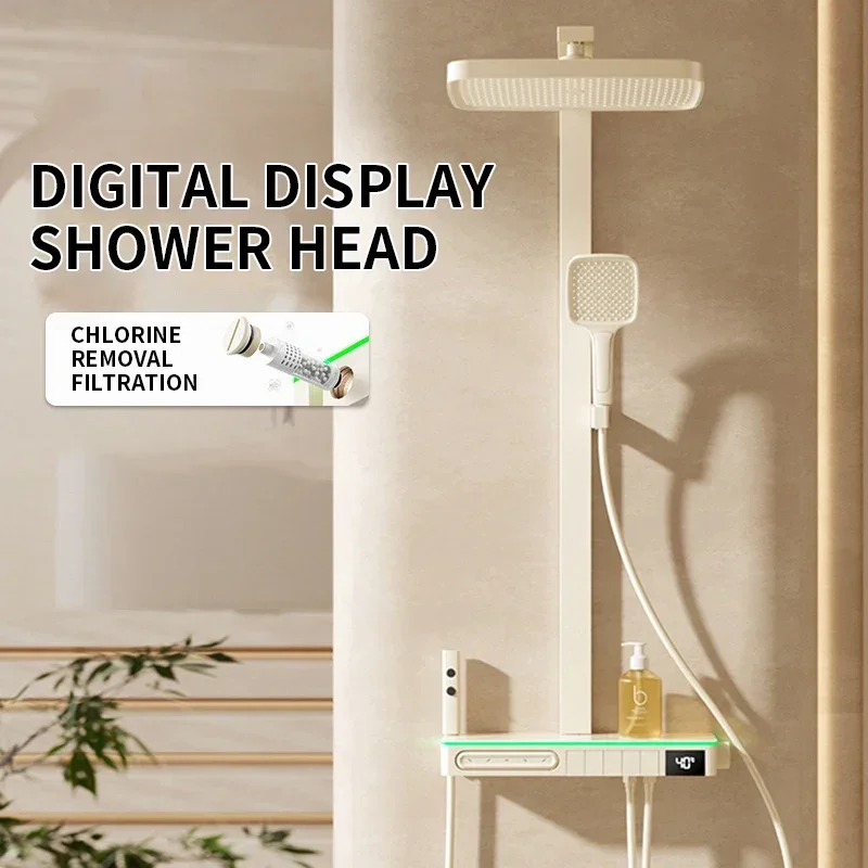 White Constant Temperature Digital Display Shower Set Bathroom Removed Chlorine Atmosphere Lamp Shower System Faucet Set